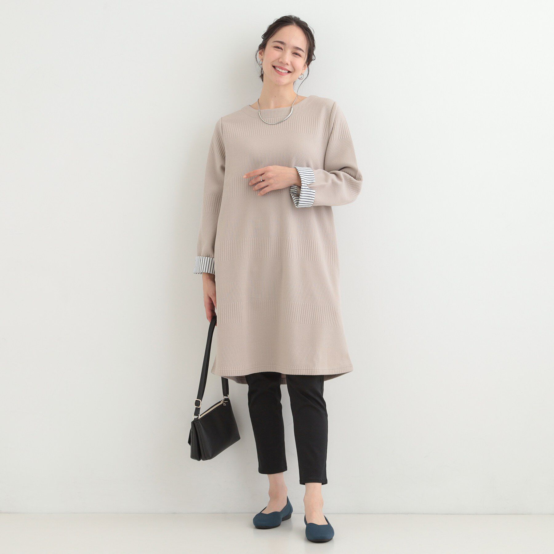 SHOO･LA･RUE「【体型カバー/洗濯機可/S-LL】お袖ストライプAラインチュニック」|チュニック|