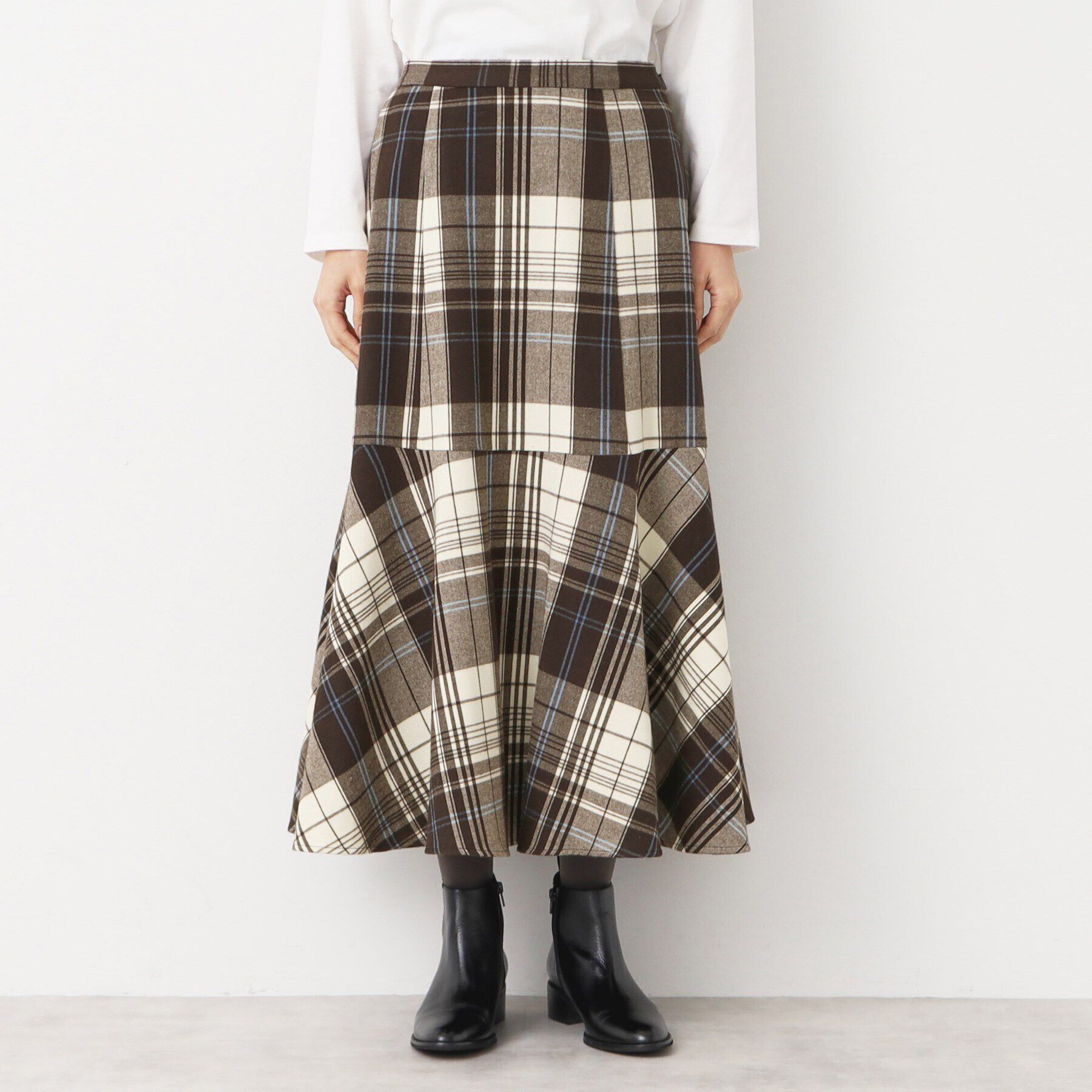 Dessin「【後ろゴム・洗える】起毛チェック柄切り替えフレアスカート（XS～L）」|スカート|