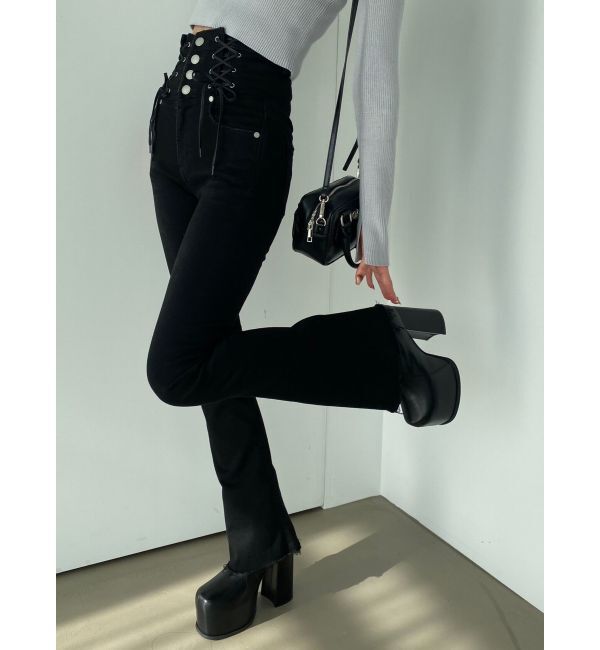 EMODA「Wレースアップハイウエストフレアパギンス」|デニム|