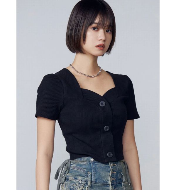 EMODA「フロントボタンショートリブトップ」|Tシャツ・カットソー|ブラック
