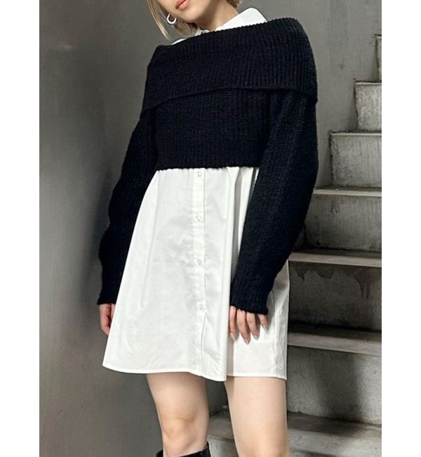 MURUA「オフショルニット&times;ミニシャツワンピSET」|ワンピース|ブラック
