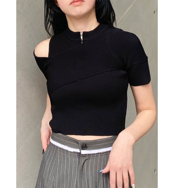 MURUA「ワンサイドオフショルジップニット」|ニット・セーター|ブラック