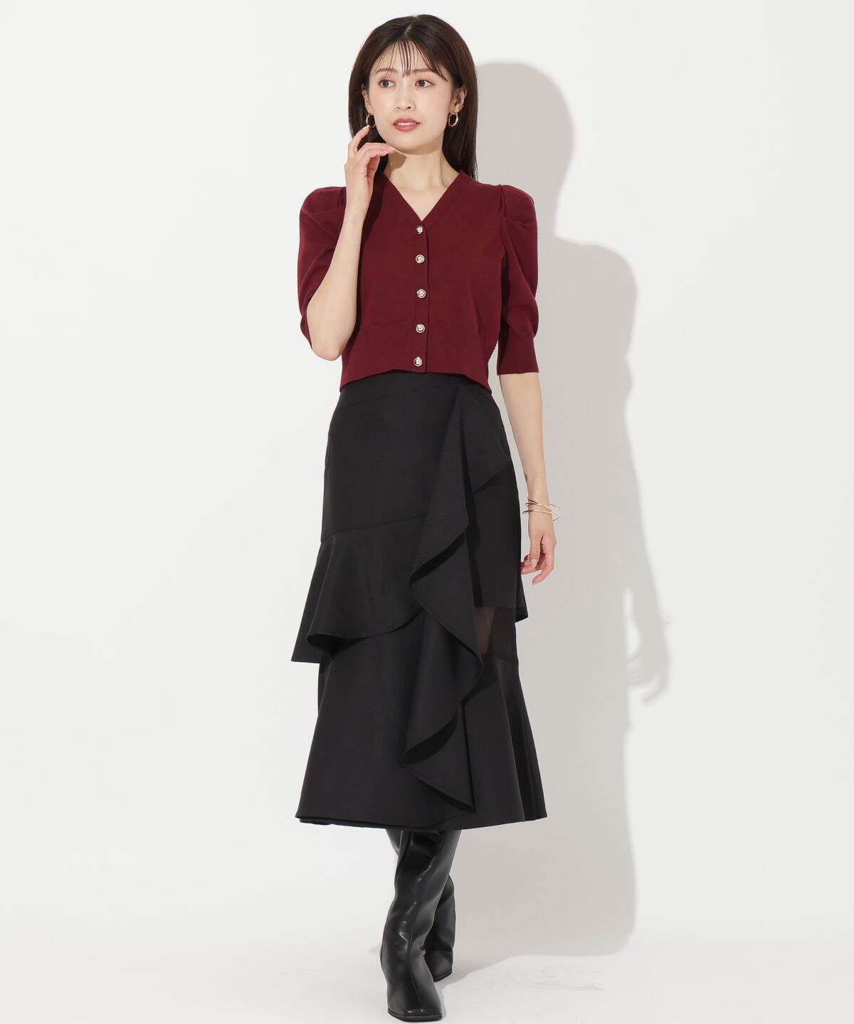 アンドクチュール「袖ギャザーVネックカーデプルオーバー」|ニット・セーター|