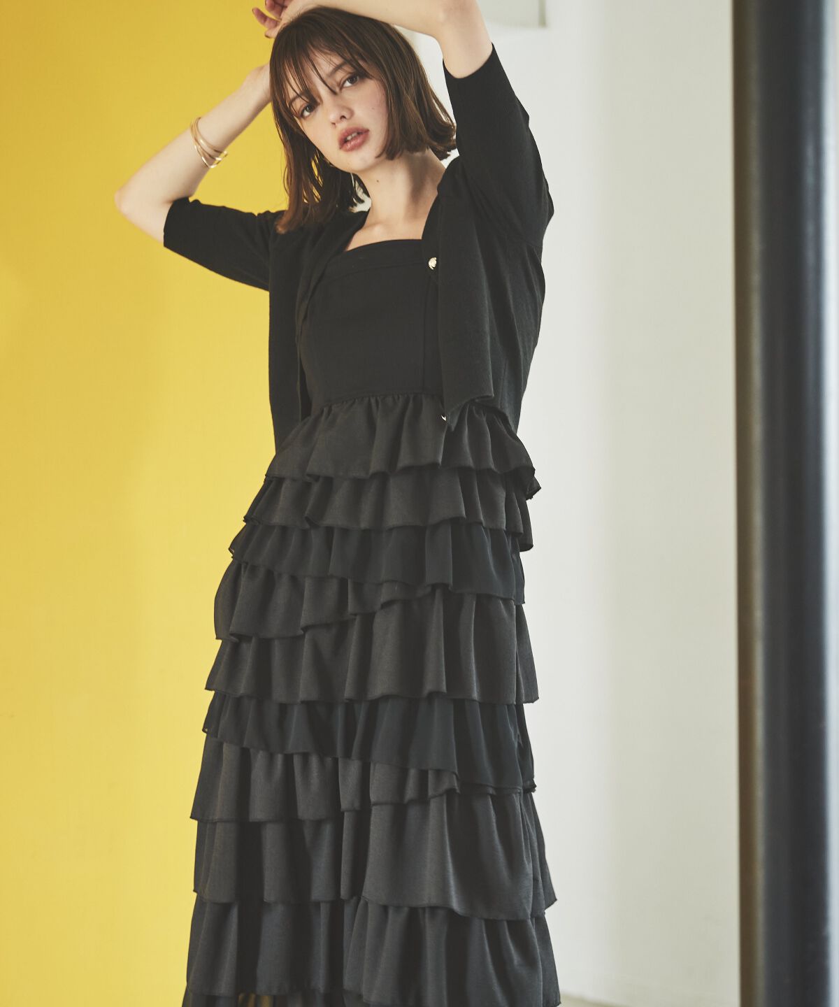 アンドクチュール「袖ギャザーVネックカーデプルオーバー」|ニット・セーター|