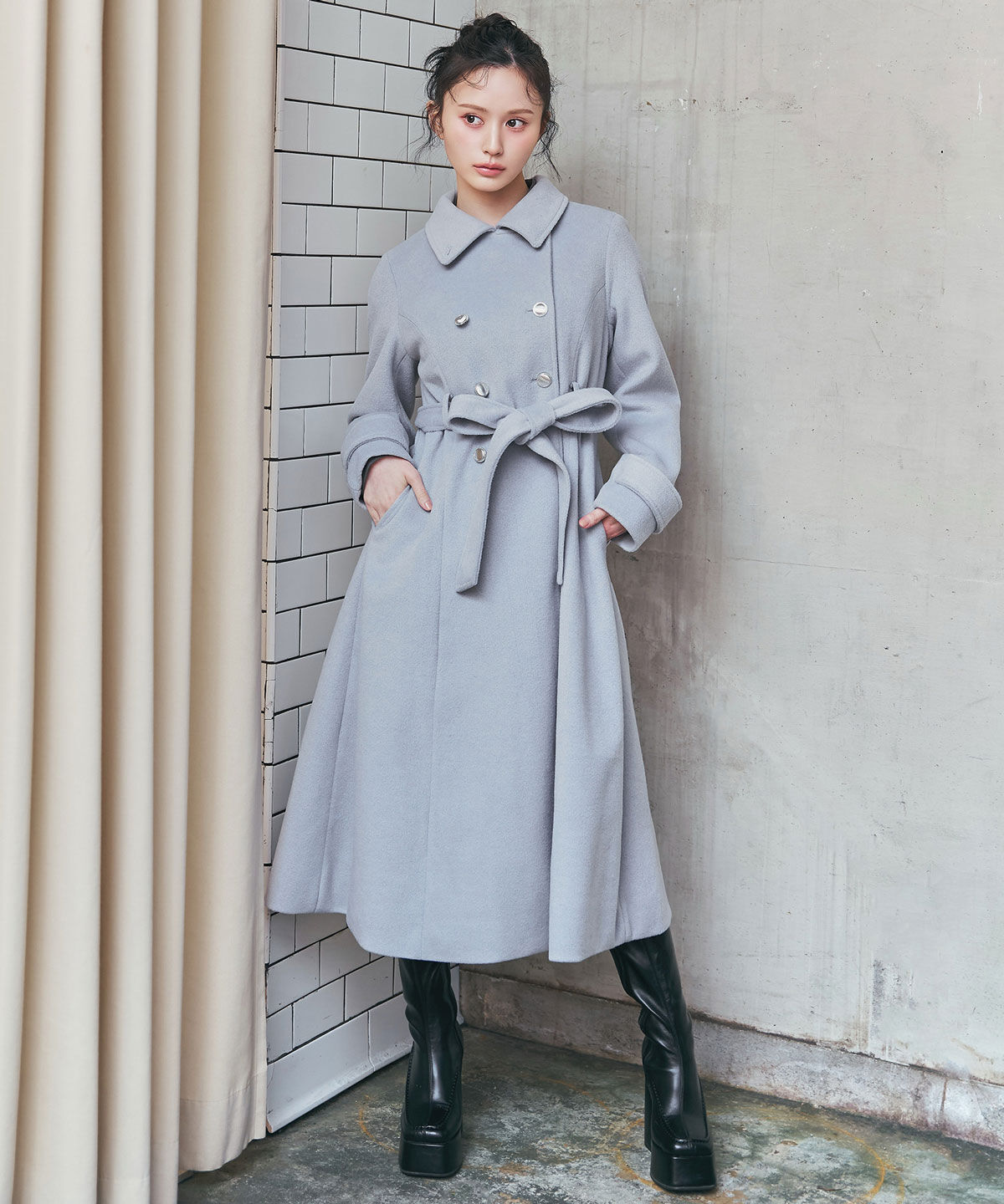 REDYAZEL「2WAYカラーダブルロングコート」|ステンカラーコート|サックス