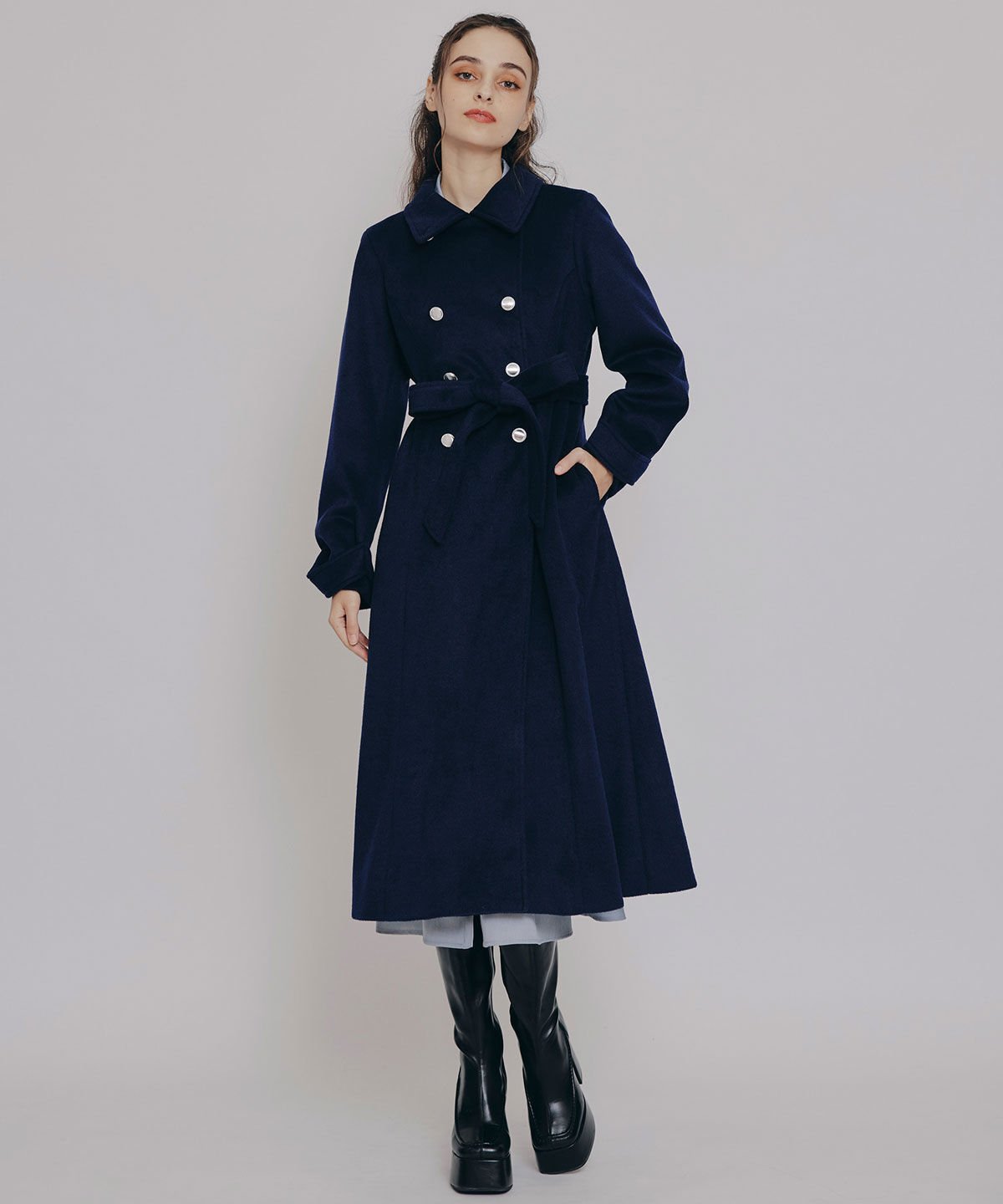 REDYAZEL「2WAYカラーダブルロングコート」|ステンカラーコート|ネイビー