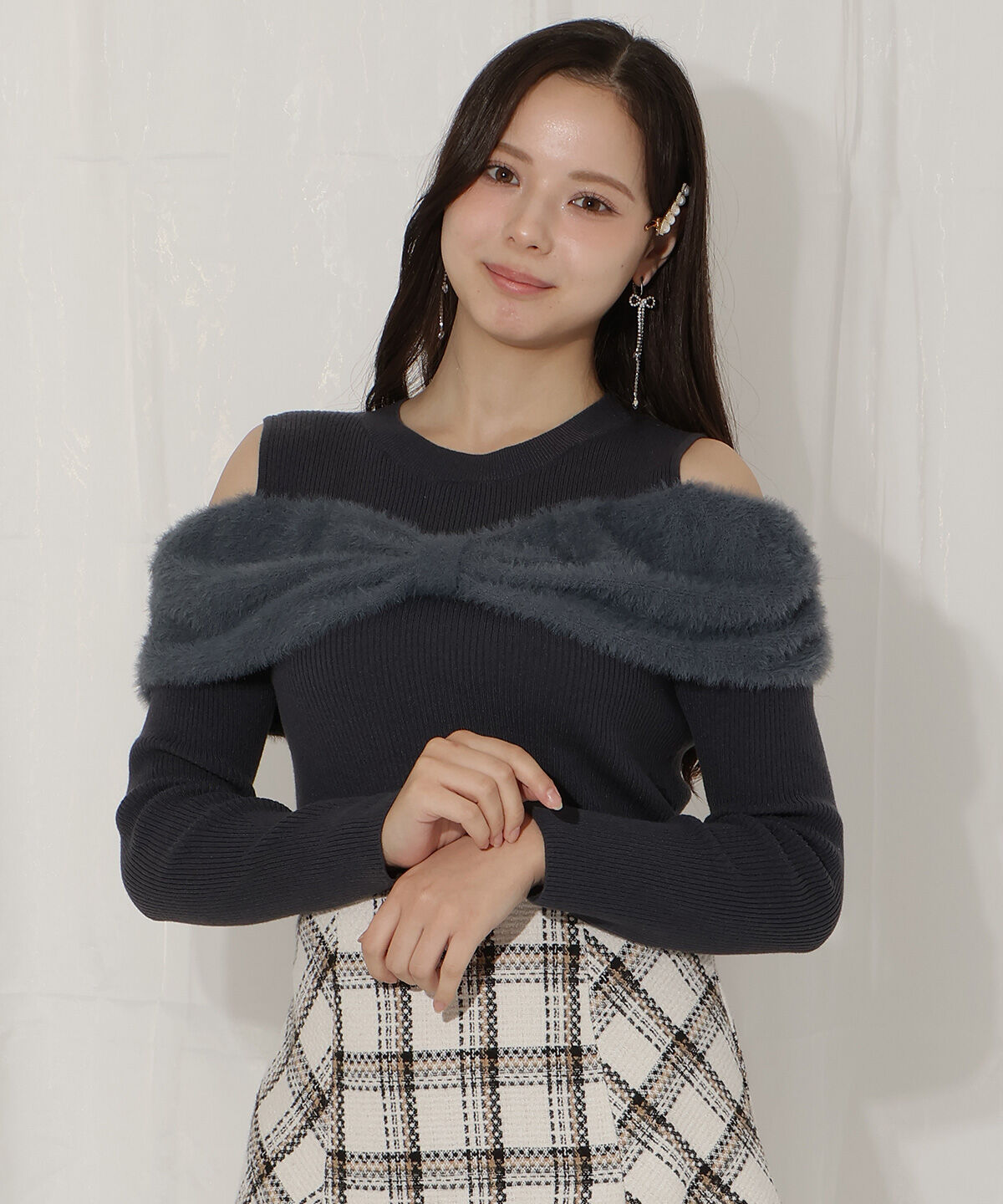 WILLSELECTION「リボンシャギーオフショル」|ニット・セーター|ﾁｬｺｰﾙｸﾞﾚｰ