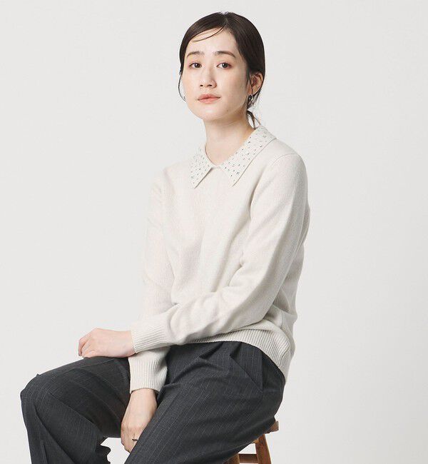 UNITED ARROWS「ラインストーン ポロ ニット」|ニット・セーター|OFF WHITE