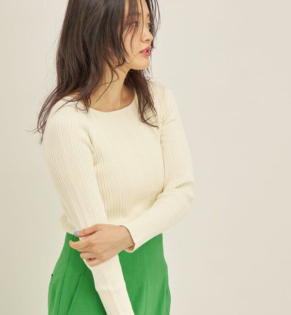 SHIPS for women「〈手洗い可能〉フェルガナ コットン ランダム リブ スクエアネック プルオーバー ◇」|ニット・セーター|アイボリー