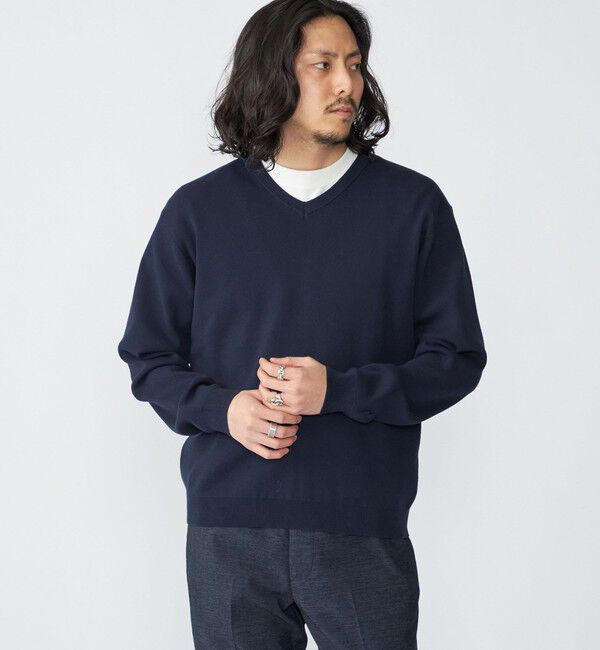 SHIPS「【WEB限定】SHIPS:〈ネックが選べる/手洗い可能〉テレワーク ビズ ワンポイント ロゴ ニット」|ニット・セーター|ダークブルー