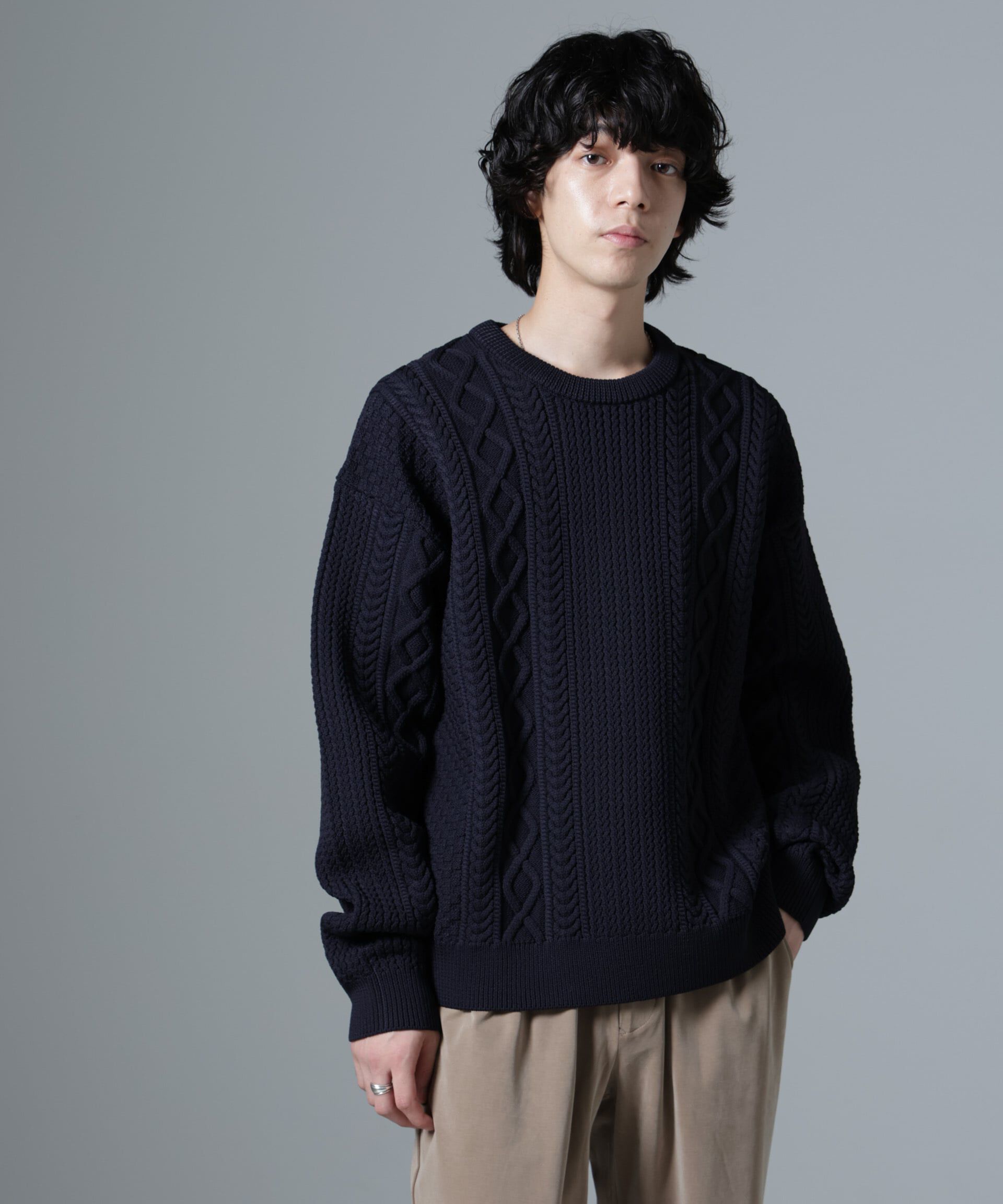 nano･universe「スポンディッシュケーブルニット」|ニット・セーター|ネイビー
