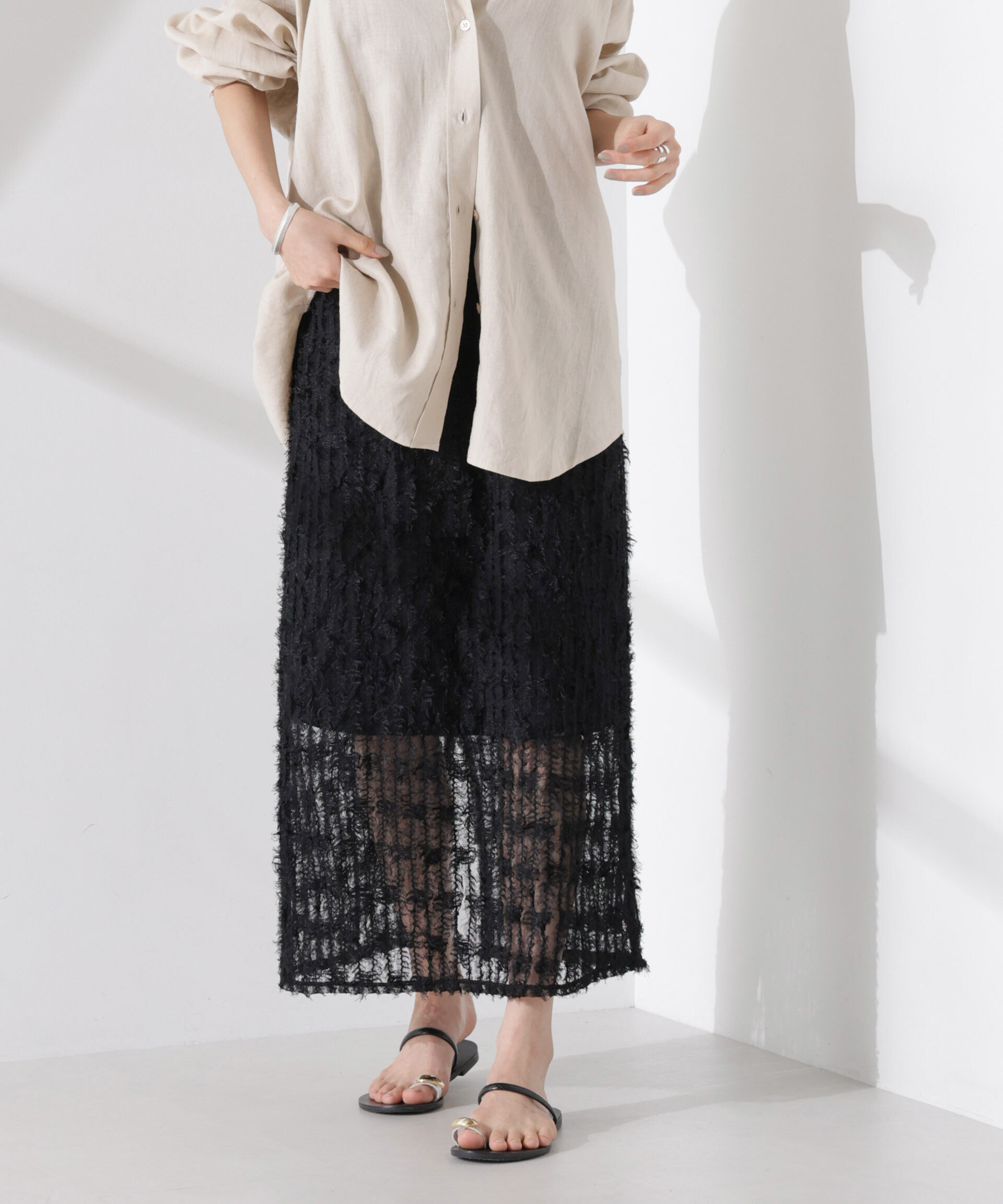 nano･universe「フリンジチュールナロースカート（セットアップ可）」|スカート|ブラック