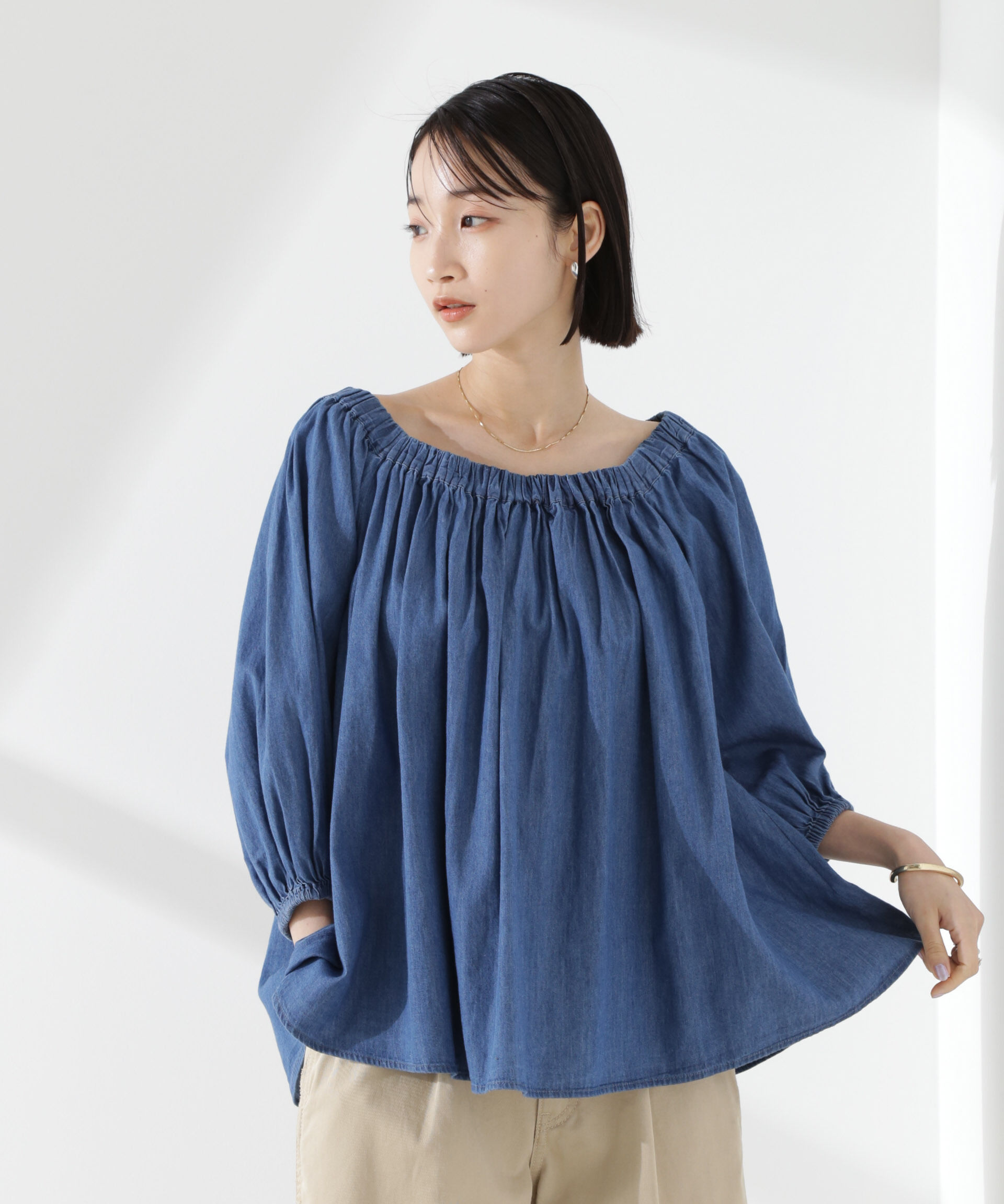 nano･universe「ライトデニムギャザーブラウス(セットアップ可)」|シャツ・ブラウス|ブルー