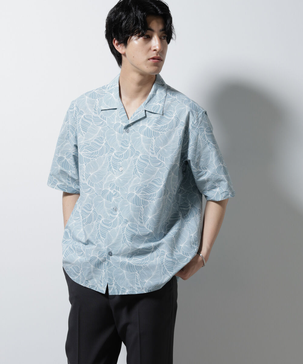 nano･universe「ボタニカルパターンサッカーシャツ 半袖(セットアップ可)」|シャツ・ブラウス|L.グリーン