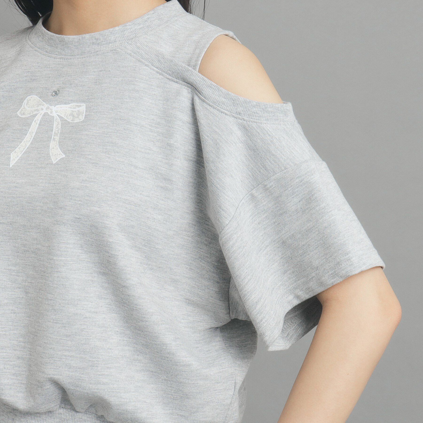 PINK-latte「リボンモチーフ裏毛オフショルダー」|Tシャツ・カットソー|
