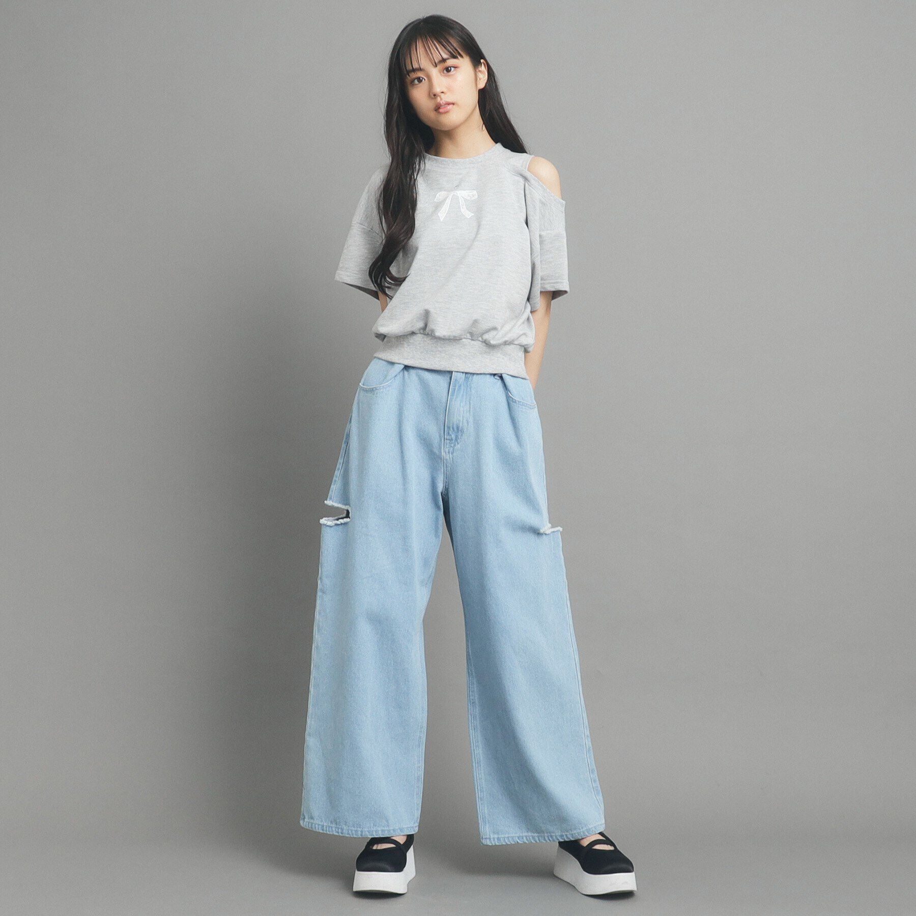 PINK-latte「リボンモチーフ裏毛オフショルダー」|Tシャツ・カットソー|