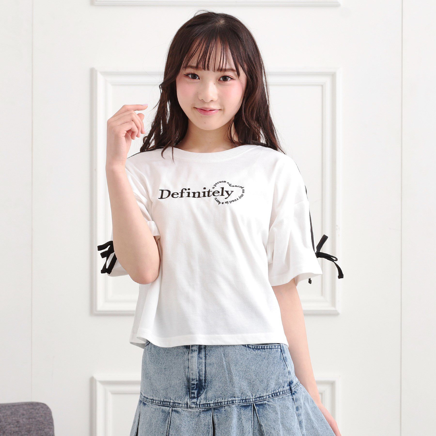 PINK-latte「袖ラインリボンTシャツ」|Tシャツ・カットソー|オフホワイト(003