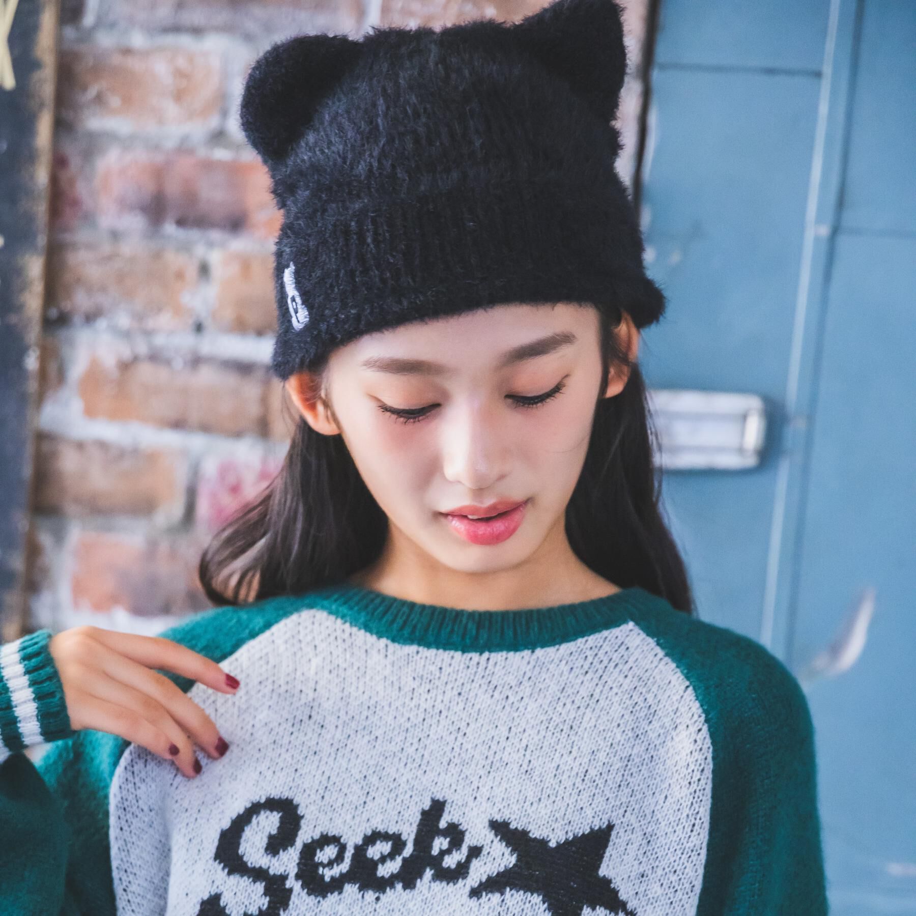 PINK-latte「みみつきニット帽」|ニット帽|ブラック(019)