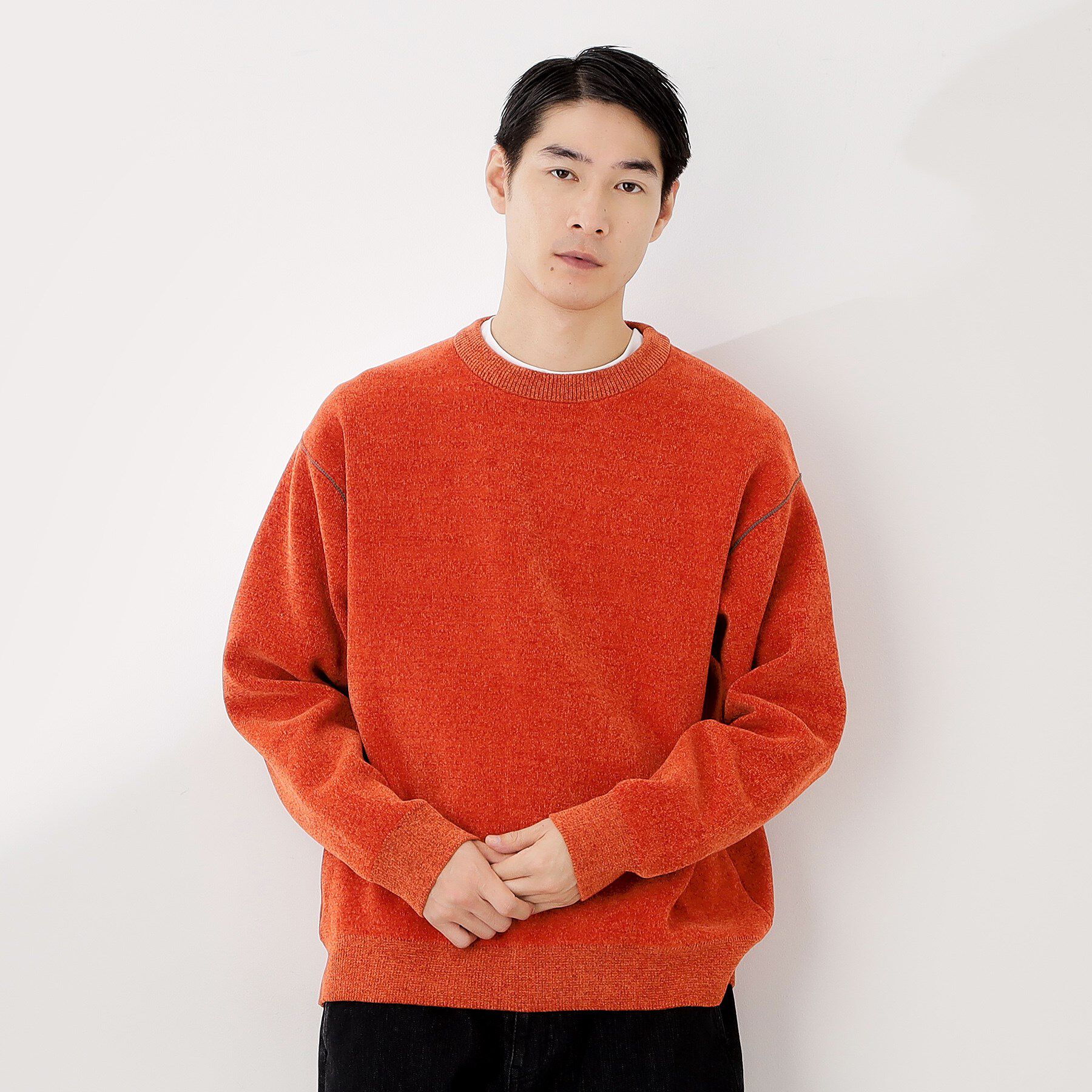 THE SHOP TK「【包み込まれるような柔らかさ】配色モールニット 洗濯機OK」|ニット・セーター|オレンジ(069)