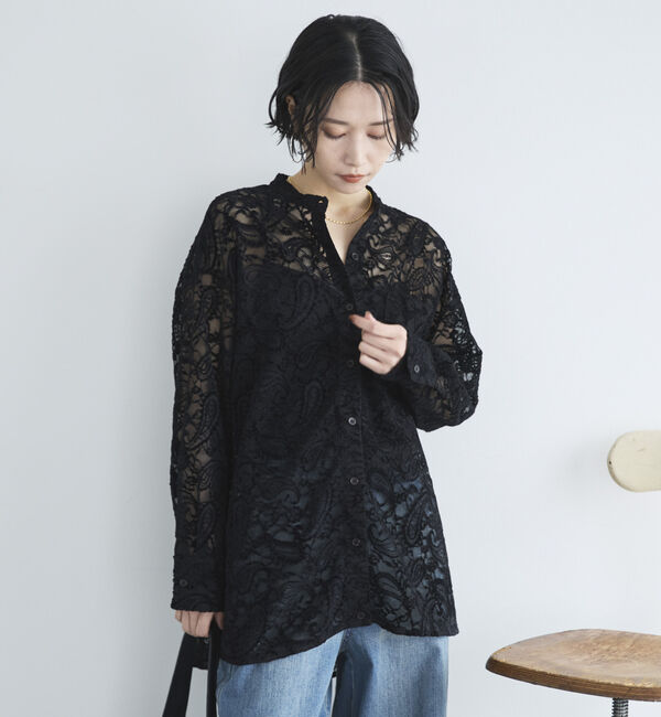 Doux archives「フロッキーレースバンドカラーシャツ／」|シャツ・ブラウス|BLACK