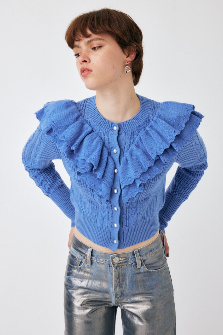 MOUSSY「F／PEARL BUTTON STAND FRILL カーディガン」|ニット・セーター|