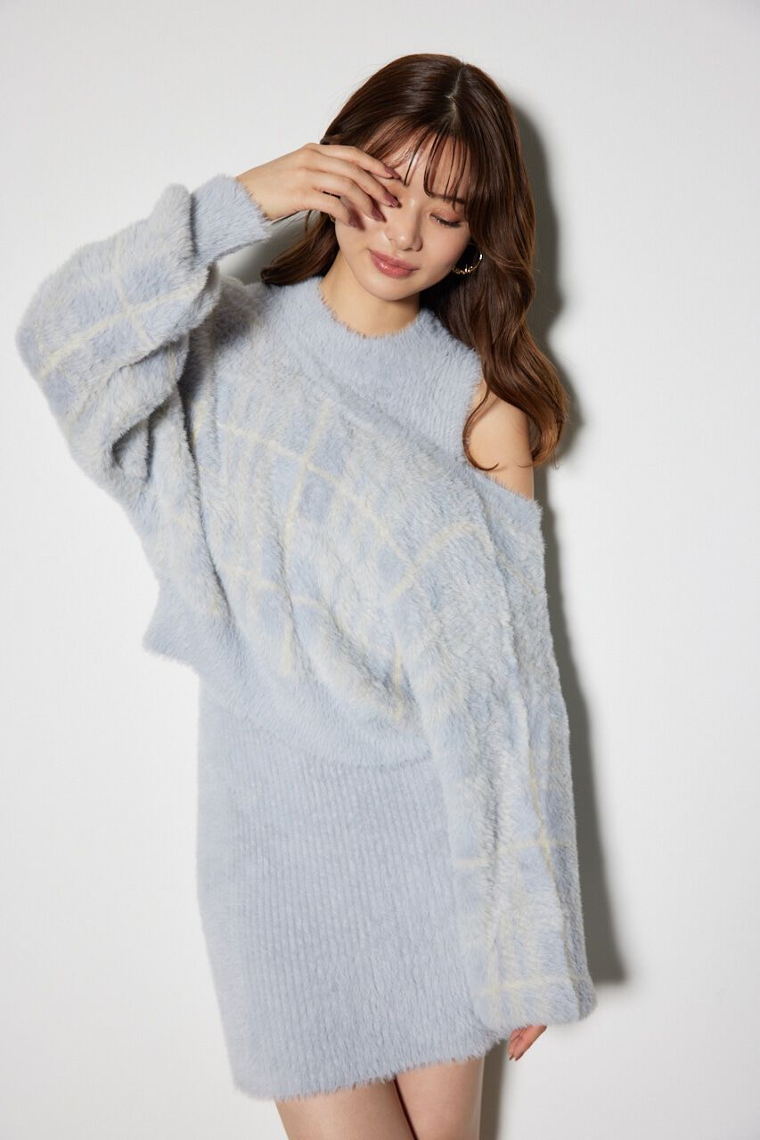 rienda「チェックジャガードカーディガンSETオフタートルニットミニワンピース」|ワンピース|