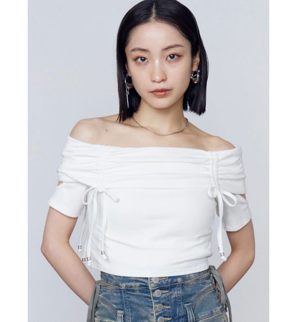 EMODA「ギャザーオフショルダーリボントップ」|Tシャツ・カットソー|ホワイト