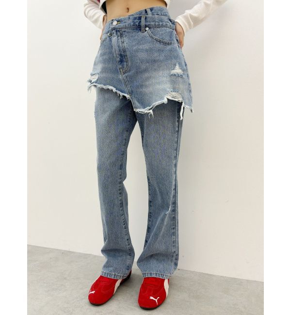 EVRIS「ラップデザインフレアデニムパンツ」|デニム|アイスブルー