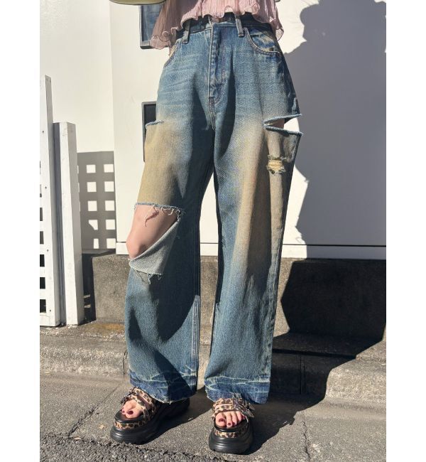 EVRIS「カットアウトワイドデニムパンツ」|デニム|