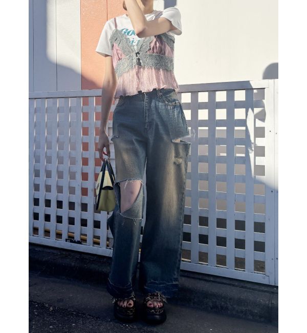 EVRIS「カットアウトワイドデニムパンツ」|デニム|