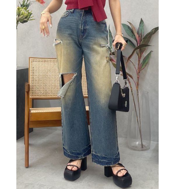 EVRIS「カットアウトワイドデニムパンツ」|デニム|インディゴ