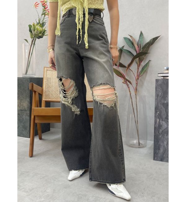 EVRIS「グランジダメージワイドデニムパンツ」|デニム|ブラック