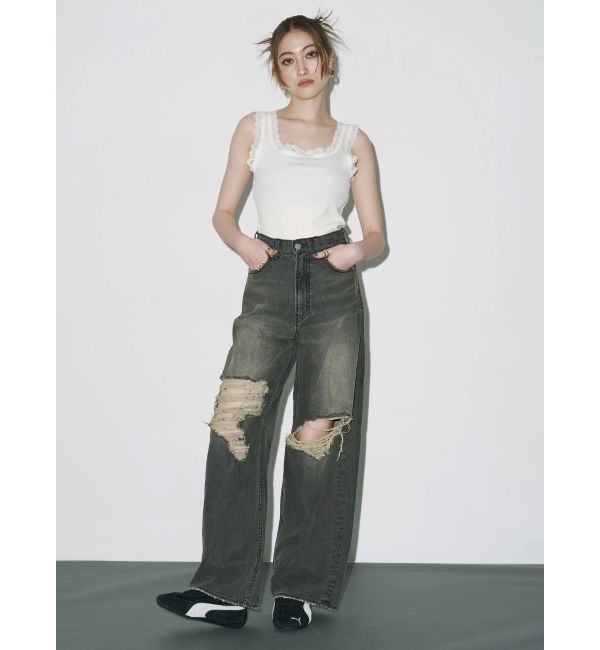 EVRIS「グランジダメージワイドデニムパンツ」|デニム|