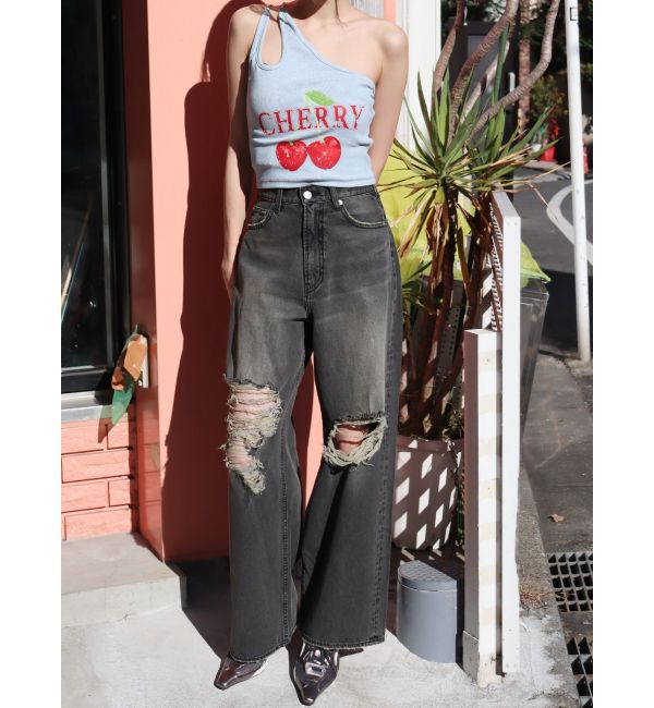 EVRIS「グランジダメージワイドデニムパンツ」|デニム|