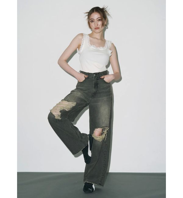 EVRIS「グランジダメージワイドデニムパンツ」|デニム|