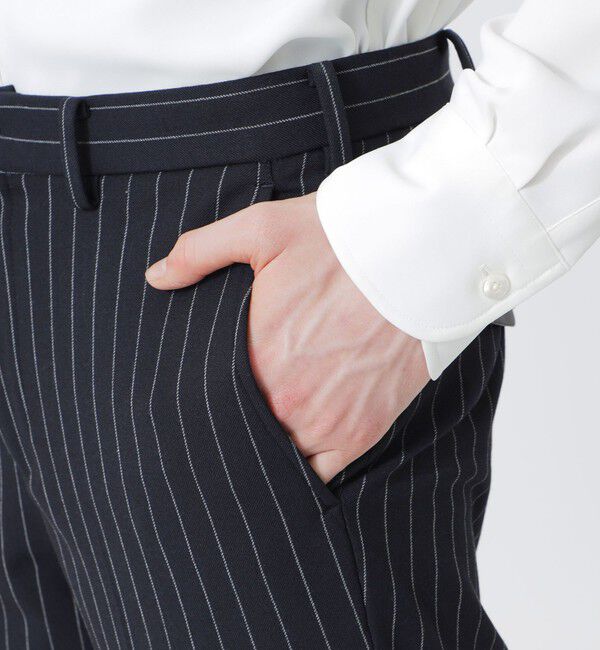  「シンセティックレザーコンビ ストライプスリムスラックス」|スラックス|
