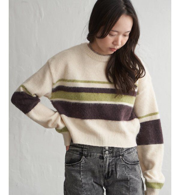 VENCE share style「ボーダークロッップドプルオーバー」|ニット・セーター|アイボリー