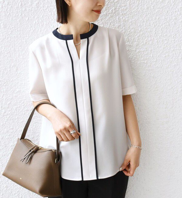 SHIPS for women「〈手洗い可能〉パイピング キーネック 半袖 ブラウス」|シャツ・ブラウス|