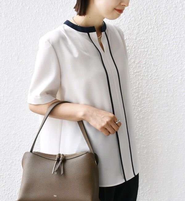 SHIPS for women「〈手洗い可能〉パイピング キーネック 半袖 ブラウス」|シャツ・ブラウス|