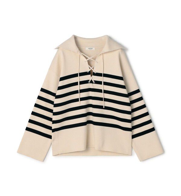 MACPHEE「パネルボーダー レースアッププルオーバー」|ニット・セーター|18 オフホワイト