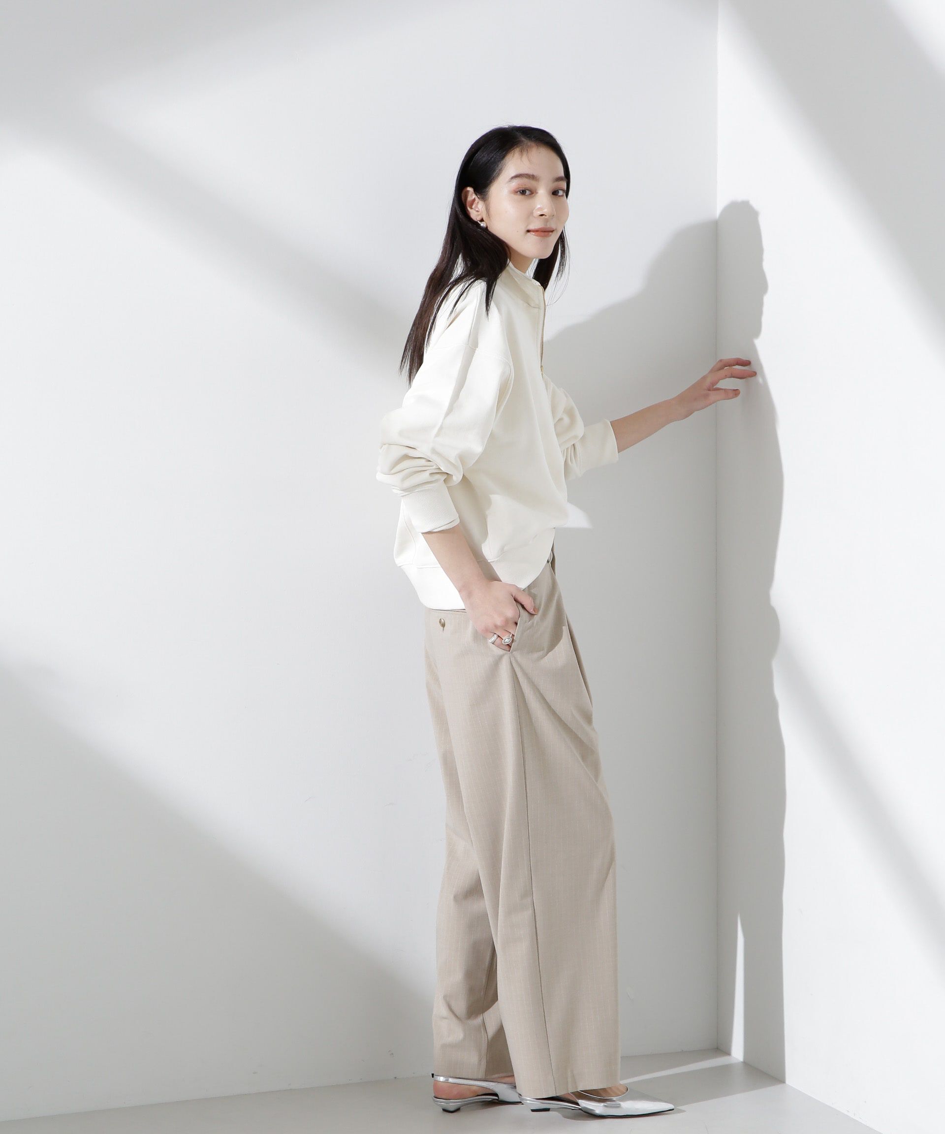 nano･universe「トロストレッチレイヤードタックワイドパンツ（セットアップ可）」|チノ|