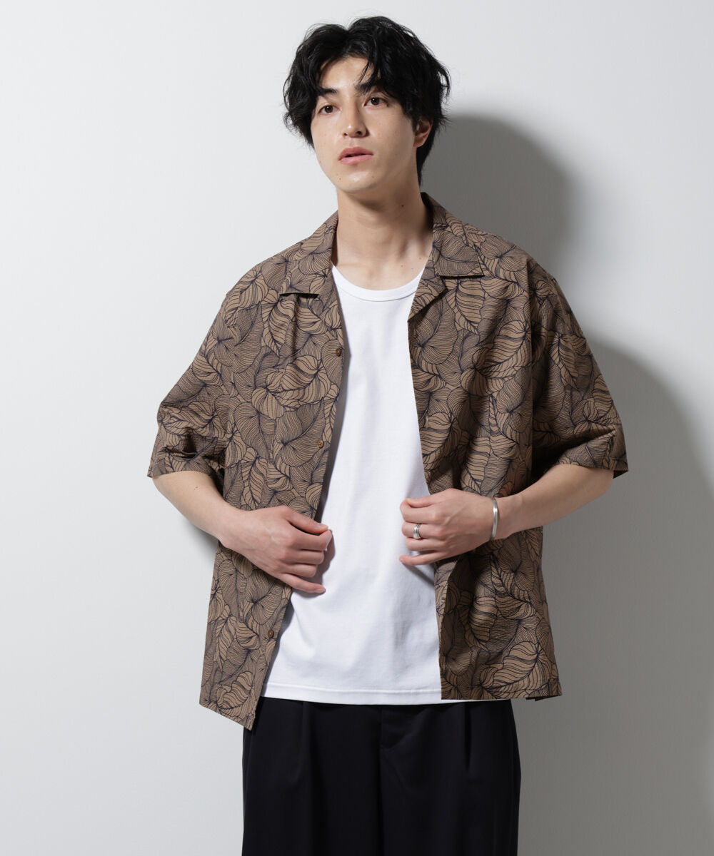 nano･universe「ボタニカルパターンサッカーシャツ 半袖(セットアップ可)」|シャツ・ブラウス|L.ブラウン1