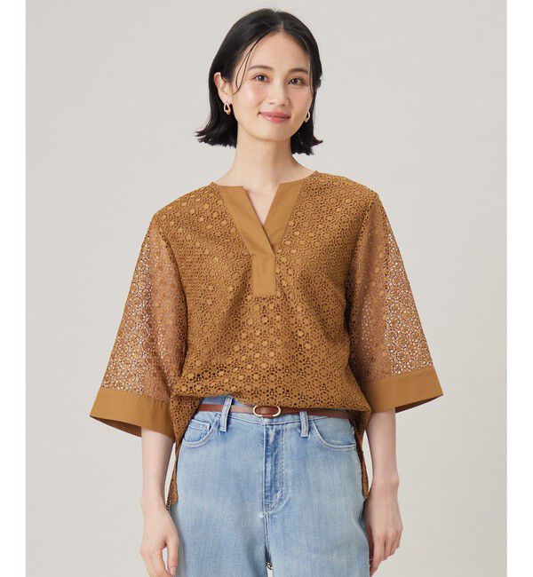 自由区「【洗える】ジオメトリックフラワーレースプルオーバー ブラウス」|シャツ・ブラウス|モカ