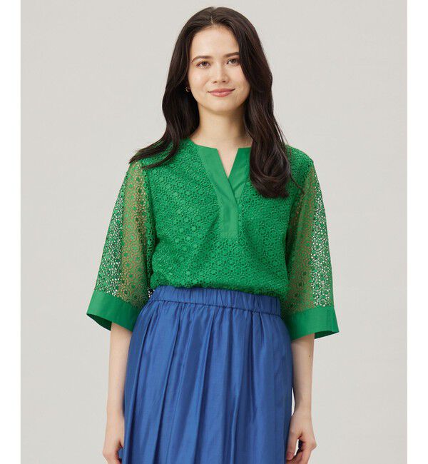 自由区「【洗える】ジオメトリックフラワーレースプルオーバー ブラウス」|シャツ・ブラウス|グリーン