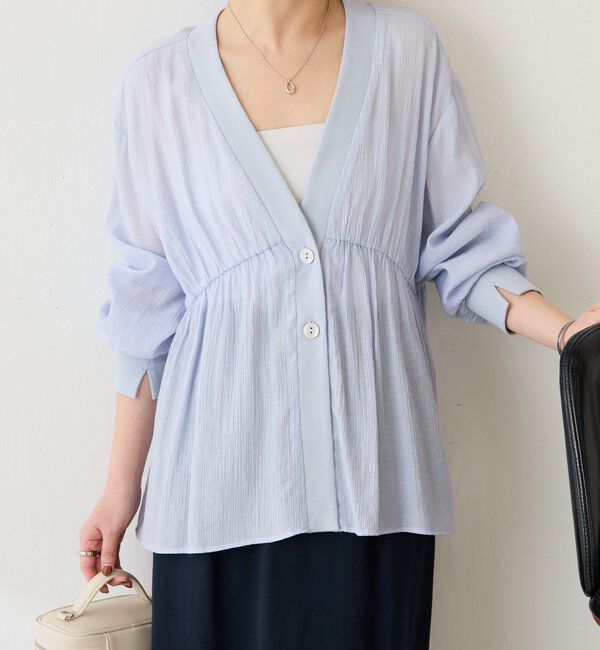 「ギャザー切替シャツカーディガン」|シャツ・ブラウス|ブルー