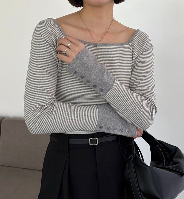 「ボーダー袖ボタンロンＴ」|Tシャツ・カットソー|
