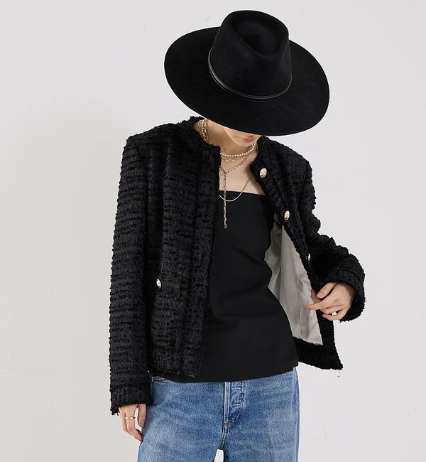 The Store by C' 「【COCUCA】クルーネックツイードジャケット」|ノーカラージャケット|ブラック