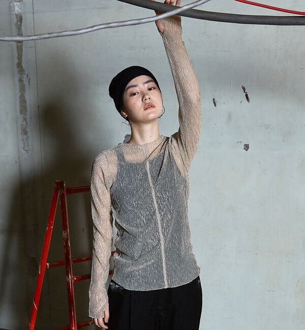 NOMINE「ラメ シアー プリーツ トップス （ロンＴ)」|Tシャツ・カットソー|アイボリー