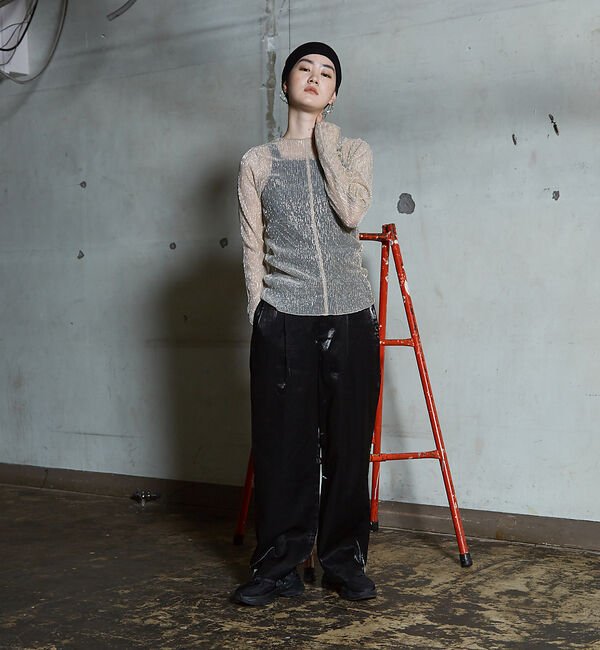 NOMINE「ラメ シアー プリーツ トップス （ロンＴ)」|Tシャツ・カットソー|