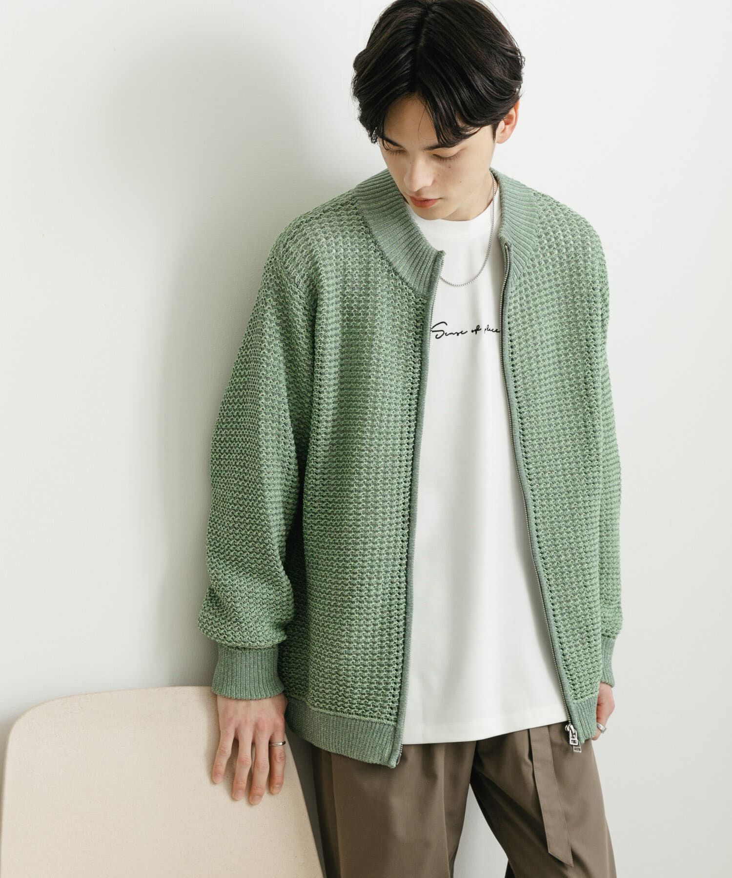 SENSE OF PLACE by URBAN RESEARCH「『ユニセックス』『洗濯可』シアーメッシュドライバーズカーディガン」|カーディガン|ミント